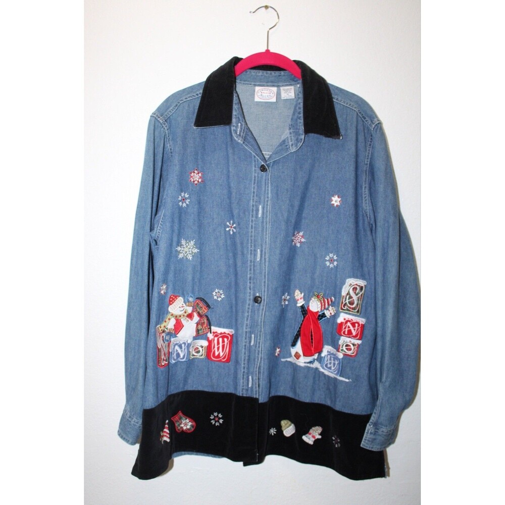 Carolina Blues Plus Christmas Button Shirt Women 16 Blue Jean Snowman Snow Flake